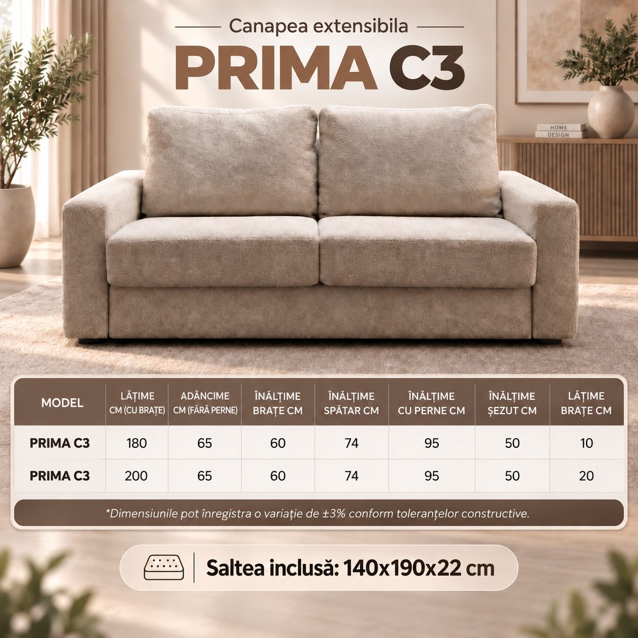 Dimensiuni canapea extensibilă PRIMA C3